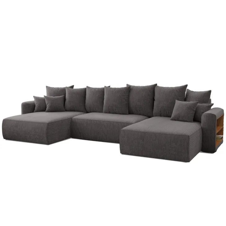 Divano letto panoramico 350x160cm velluto a coste con libreria a destra antracite Mistery