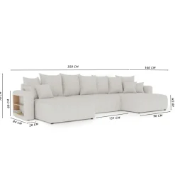 Divano letto panoramico 350x160cm velluto a coste con libreria a destra giallo senape Mistery