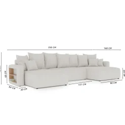 Divano letto panoramico 350x160cm velluto a coste con libreria a destra grigio chiaro Mistery