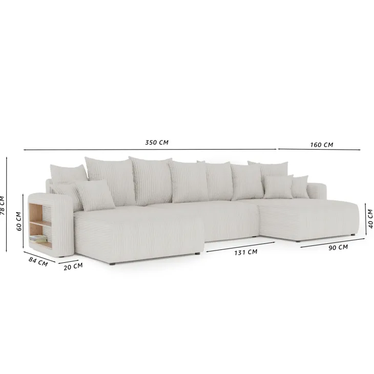 Divano letto panoramico 350x160cm velluto a coste con libreria a destra marrone Mistery