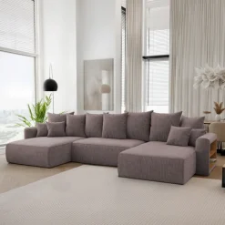 Divano letto panoramico 350x160cm velluto a coste con libreria a destra marrone Mistery