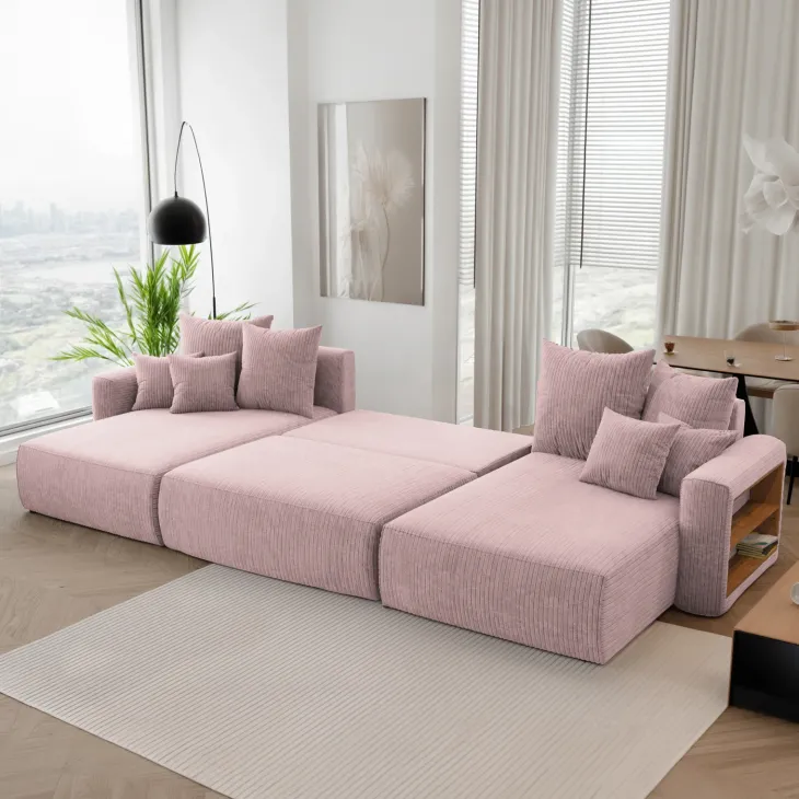 Divano letto panoramico 350x160cm velluto a coste con libreria a destra rosa antico Mistery