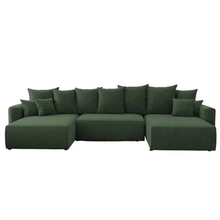 Divano letto panoramico 350x160cm velluto a coste con libreria a destra verde scuro Mistery