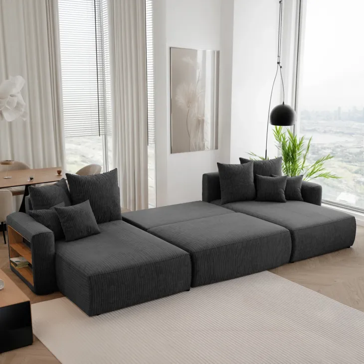 Divano letto panoramico 350x160cm velluto a coste con libreria a sinistra nero Mistery