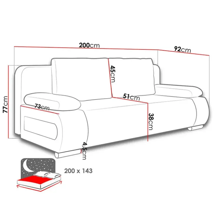 Divano letto 3 posti imbottito 200cm nero grigio scuro Barney