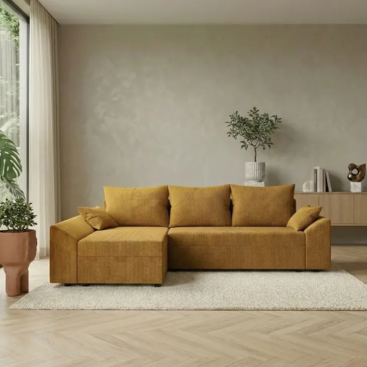 Divano letto 3 posti reversibile 240x140cm matrimoniale angolare velluto a coste senape ocra Appia