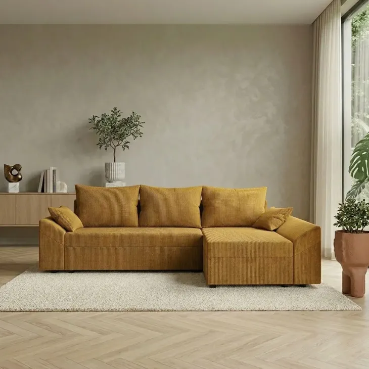 Divano letto 3 posti reversibile 240x140cm matrimoniale angolare velluto a coste senape ocra Appia