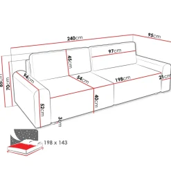 Divano letto 3 posti 240x95 cm con box contenitore a trama sottile beige Olivon