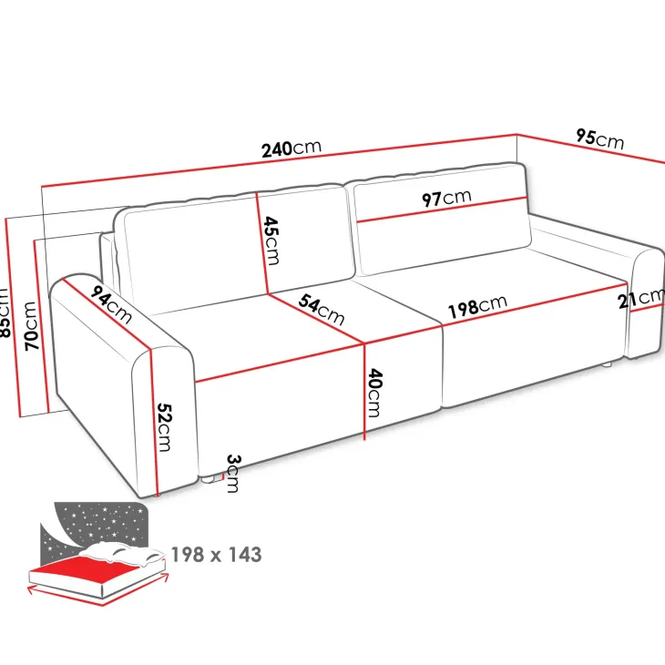 Divano letto 3 posti 240x95 cm con box contenitore a trama sottile beige Olivon