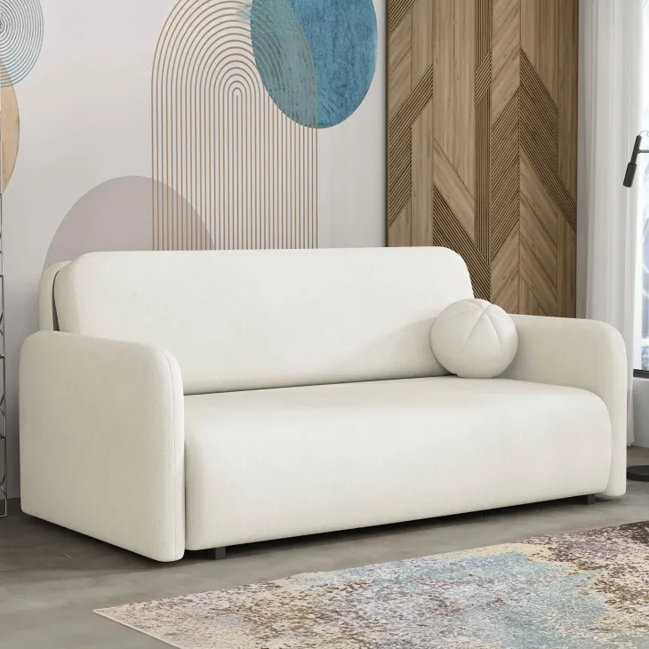 Divano letto 3 posti 170x103 cm con contenitore e cuscino tessuto velo panna Reposa