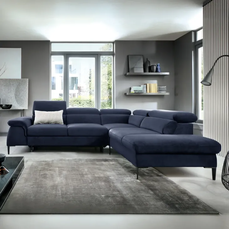 Divano letto regolabile angolare destra 5 posti 280x214cm tessuto blu Snuggity