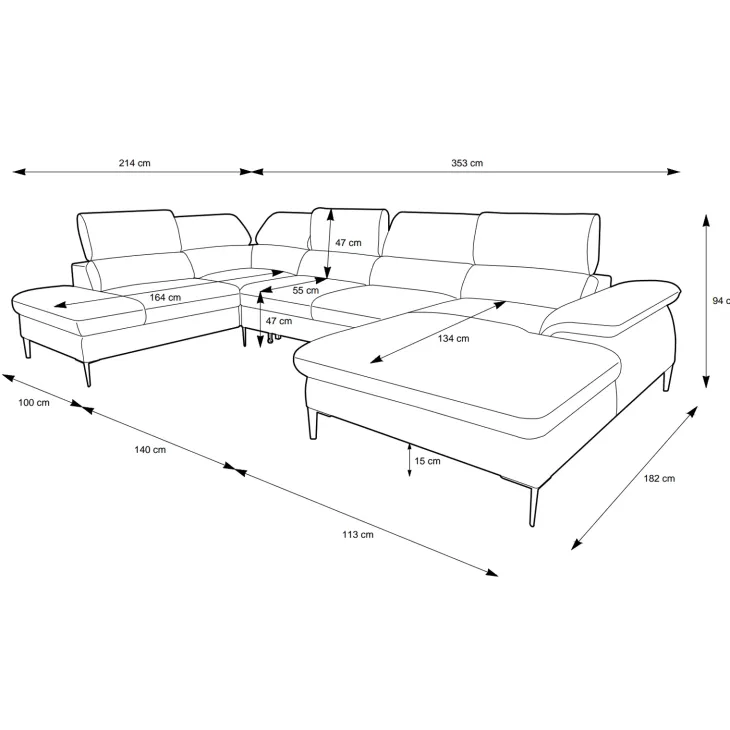 Divano letto regolabile angolare sinistro 5 posti 353x214cm tessuto blu Calmora