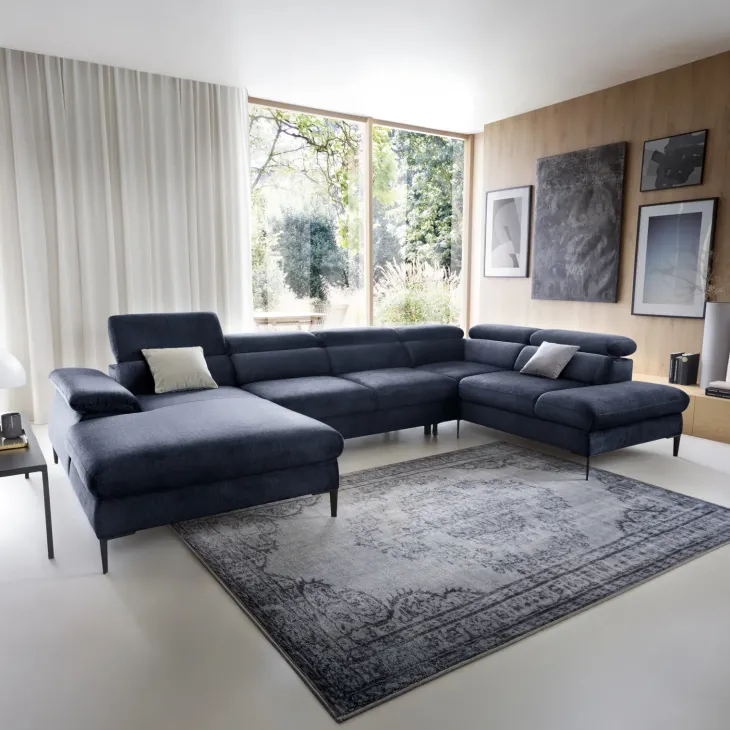 Divano letto regolabile angolare destro 5 posti 353x214cm tessuto blu Calmora