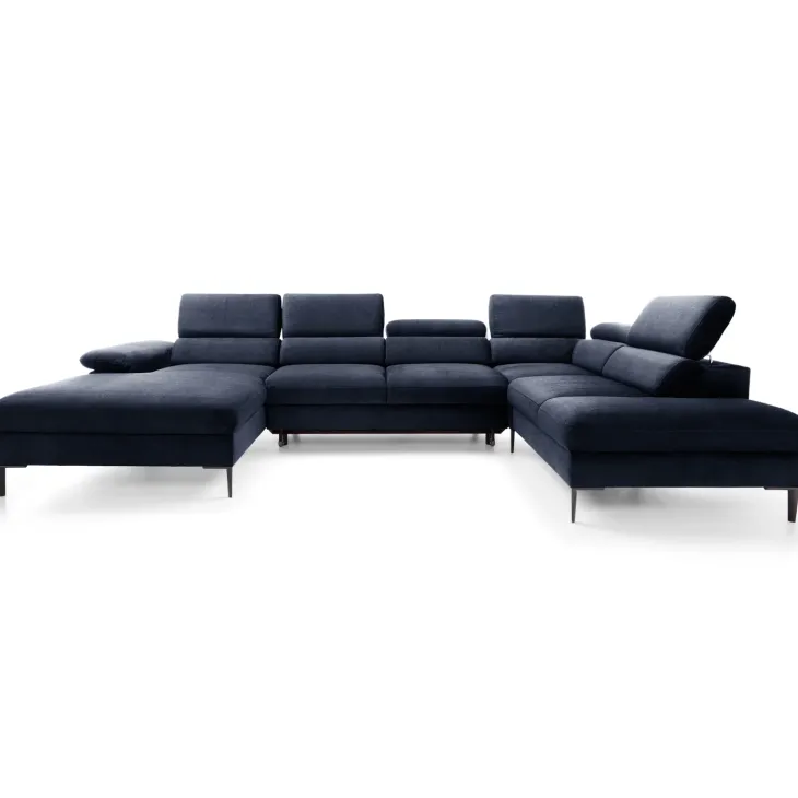 Divano letto regolabile angolare destro 5 posti 353x214cm tessuto blu Calmora
