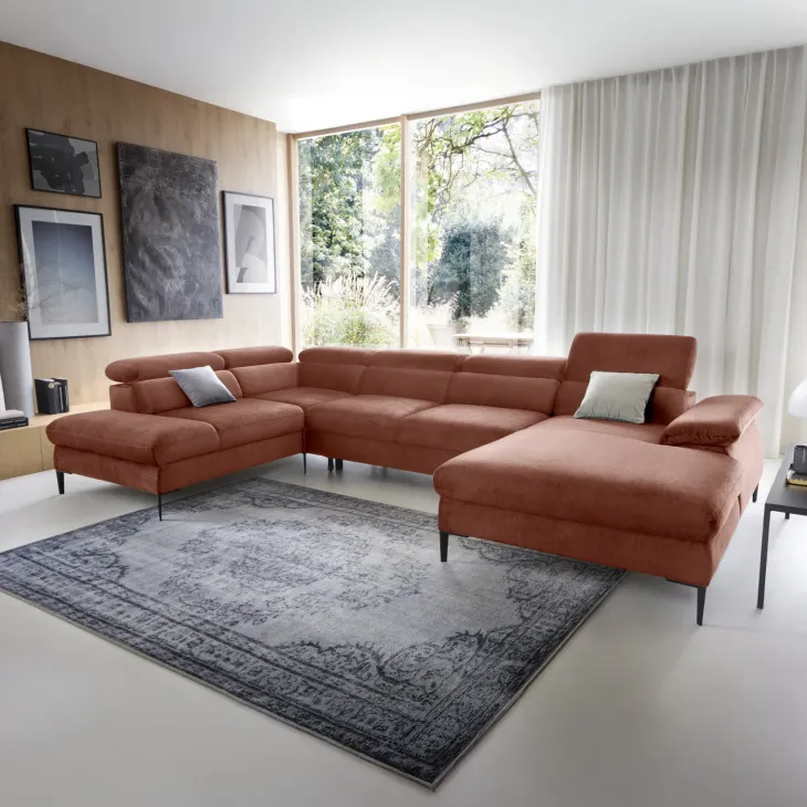 Divano letto regolabile angolare sinistro 5 posti 353x214cm tessuto arancio corallo Calmora