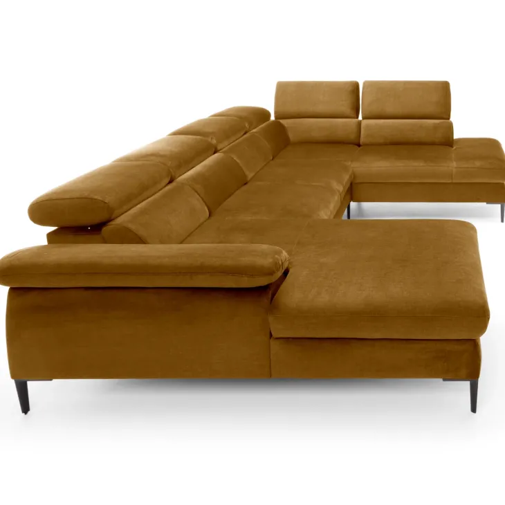 Divano letto regolabile angolare destro 5 posti 353x214cm tessuto giallo senape Calmora