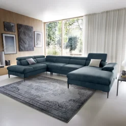 Divano letto regolabile angolare sinistro 5 posti 353x214cm tessuto azzurro Calmora