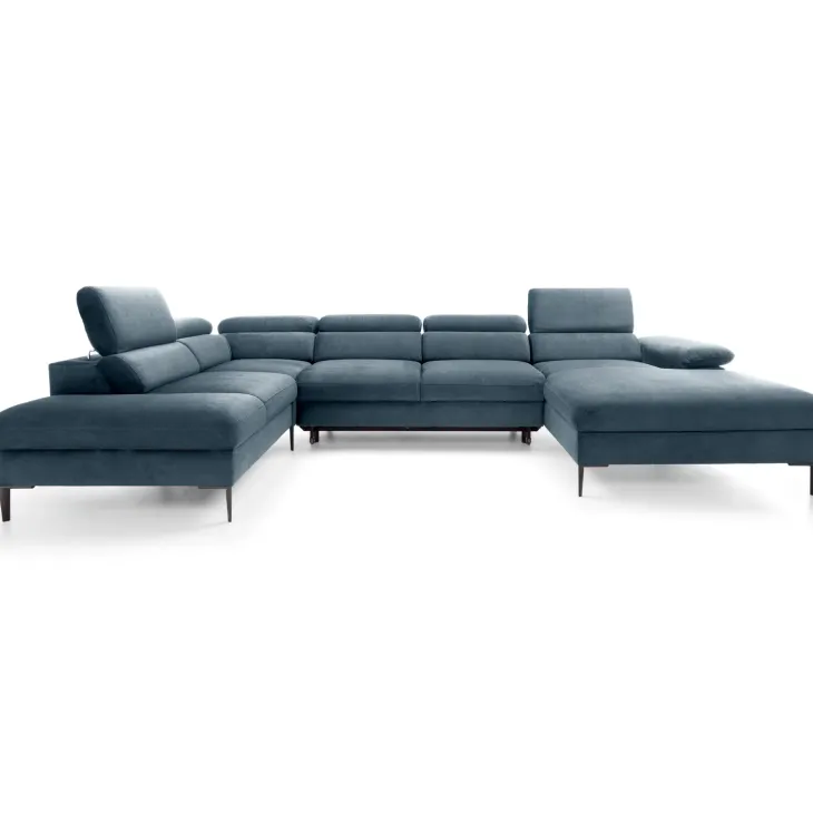 Divano letto regolabile angolare sinistro 5 posti 353x214cm tessuto azzurro Calmora