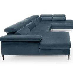 Divano letto regolabile angolare destro 5 posti 353x214cm tessuto azzurro Calmora