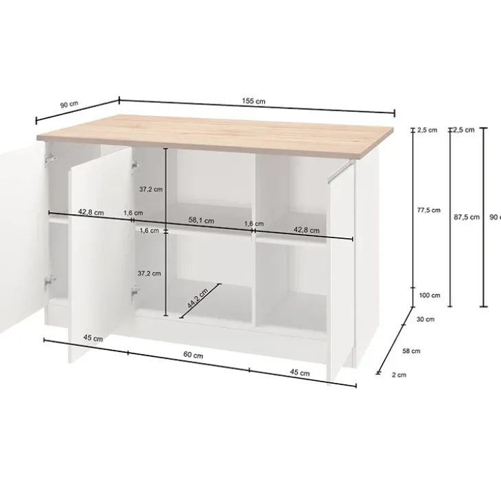 Isola cucina centrale 155x90cm 3 ante grigio antracite opaco con piano rovere Gourmet