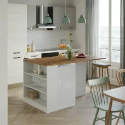 Isola cucina centrale 160x90cm 2 ante e vani bianco laccato con piano rovere Gourmet