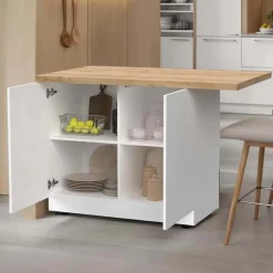Isola cucina centrale 130x90cm 2 ante bianco lucido piano rovere chiaro Olmo