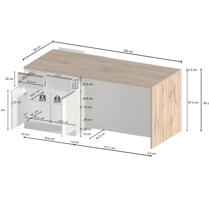 Isola cucina centrale 200x90 cm 4 ante 4 cassetti bianco piano grigio pietra Gourmet