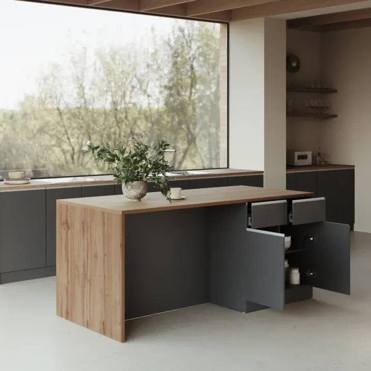 Isola cucina centrale 200x90 cm 4 ante 4 cassetti antracite piano rovere Gourmet
