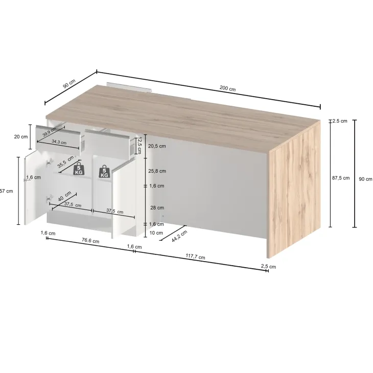 Isola cucina centrale 200x90 cm 4 ante 4 cassetti antracite piano rovere Gourmet