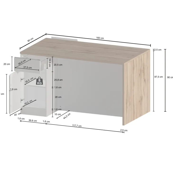 Isola cucina centrale 160x90 cm 2 ante 2 cassetti bianco piano rovere Gourmet