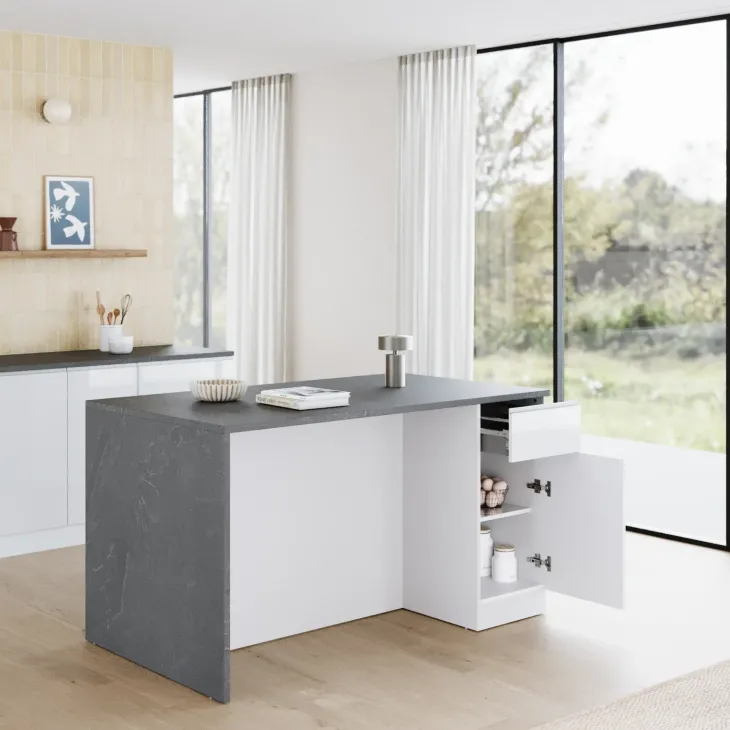 Isola cucina centrale 160x90 cm 2 ante 2 cassetti bianco piano grigio pietra Gourmet