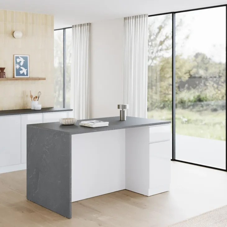 Isola cucina centrale 160x90 cm 2 ante 2 cassetti bianco piano grigio pietra Gourmet