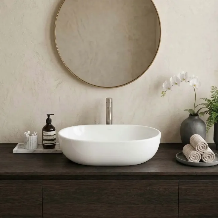 Lavabo bagno da appoggio ovale 60x41cm in ceramica bianco lucido Aqualite