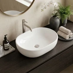 Lavabo bagno da appoggio ovale 60x41cm in ceramica bianco lucido Aqualite