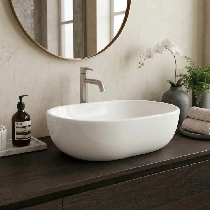 Lavabo bagno da appoggio ovale 60x41cm in ceramica bianco lucido Aqualite