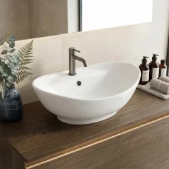 Lavabo bagno da appoggio ovale 59x40cm in ceramica bianco lucido Aqualis