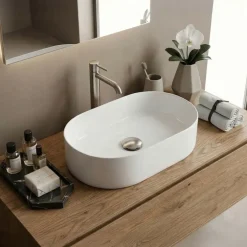 Lavabo bagno da appoggio 56x35cm a bacinella in ceramica bianco lucido Goccia