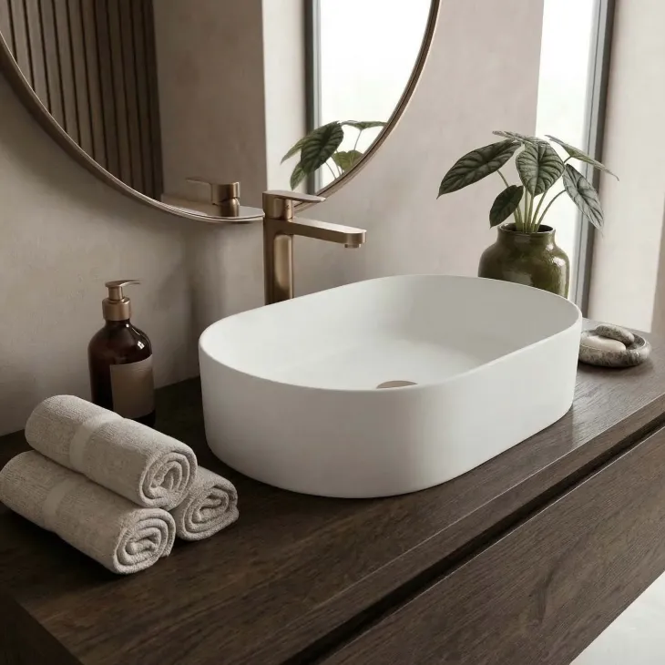 Lavabo bagno da appoggio 55x34cm a bacinella in ceramica bianco opaco Opalia