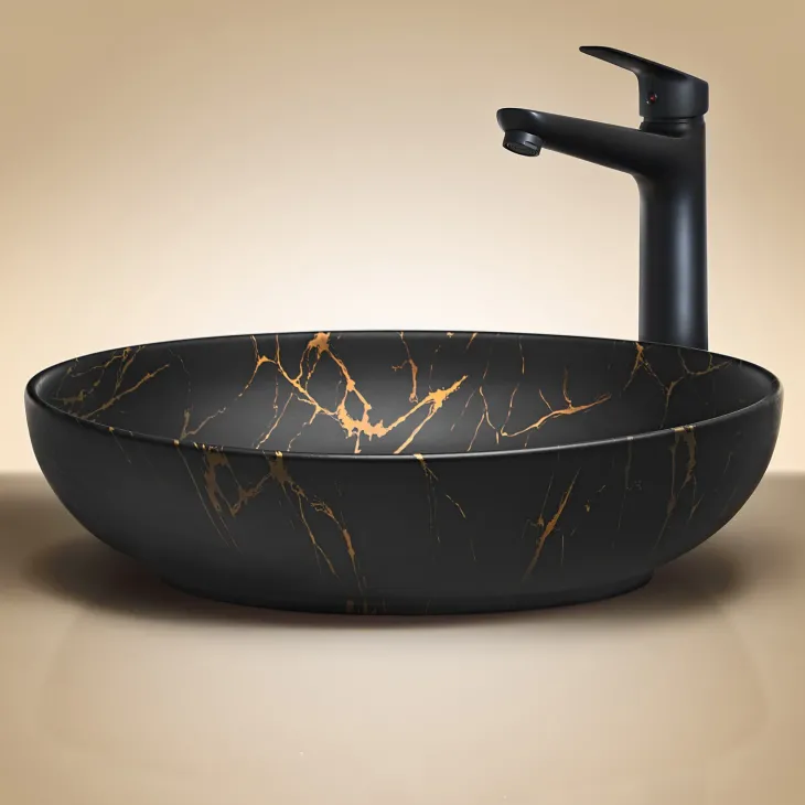 Lavabo bagno da appoggio 52x40cm ceramica nero oro Limpid