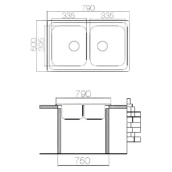 Lavello da incasso 79x50cm 2 vasche acciaio inox Tearcrom