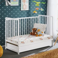 Lettino bambini 65x124cm con materasso, sponde e cassetto bianco Destiny