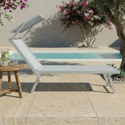 Lettino prendisole reclinabile in alluminio e textilene grigio chiaro con tettuccio Apollo