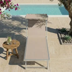 Lettino prendisole reclinabile in alluminio e textilene beige con tettuccio Apollo