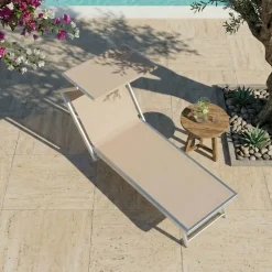 Lettino prendisole reclinabile in alluminio e textilene beige con tettuccio Apollo