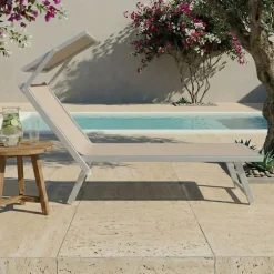 Lettino prendisole reclinabile in alluminio e textilene beige con tettuccio Apollo