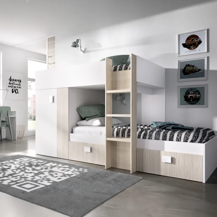 Letto a castello per bambini con armadio 271x111cm rovere bianco Pooh