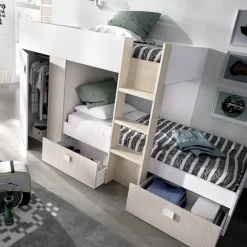 Letto a castello per bambini con armadio 271x111cm rovere bianco Pooh