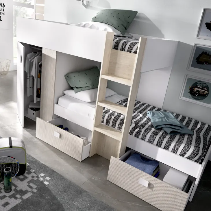 Letto a castello per bambini con armadio 271x111cm rovere bianco Pooh