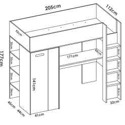 Letto a castello per bambini con scrivania e armadio 205x112cm rovere bianco Lenny