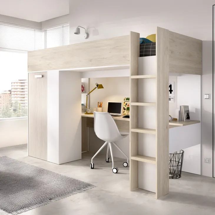 Letto a castello per bambini con scrivania e armadio 205x112cm rovere bianco Lenny